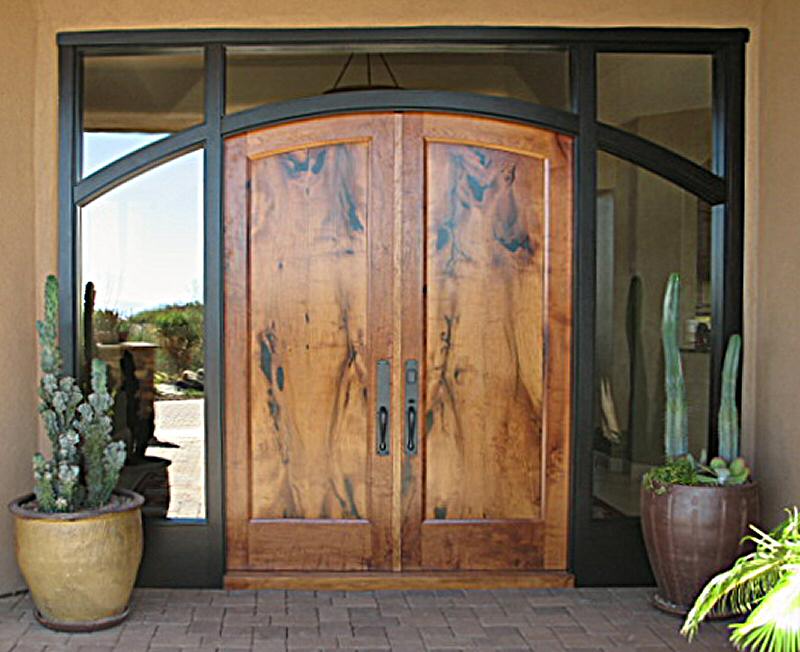 Exterior view of double mesquite door in ebonized jamb