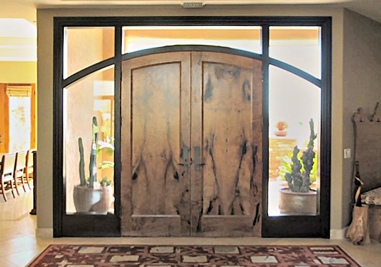 Interior view of double mesquite doors in ebonized jamb
