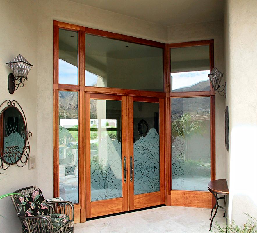 Cherry entry with etched glass landscape - exterior view