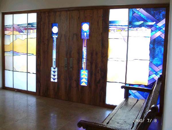 Mesquite veneered double doors with stained glass
