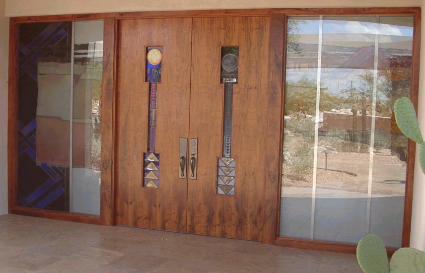 Mesquite veneered double doors with stained glass