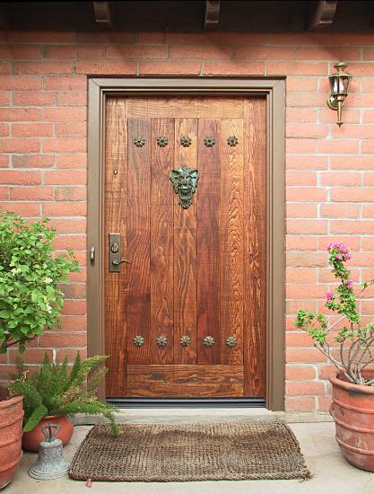 Rustic fir plank door with lion head door knocker