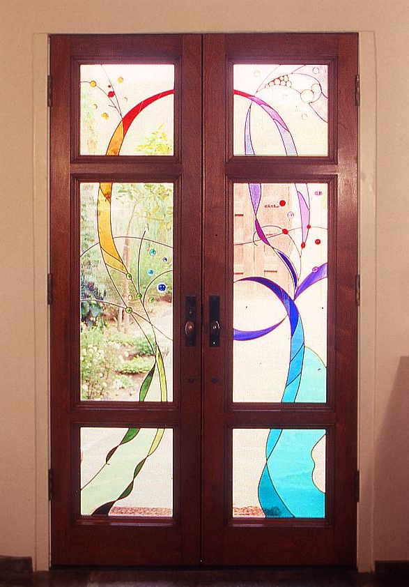 Inside view of stained glass old world style double doors